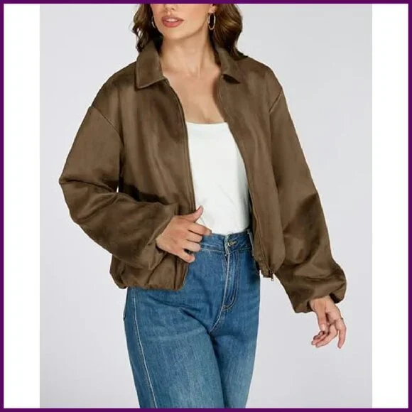 Faux Suede Cropped Bomber Jacket Women's Long Sleeve Zip Up Casual Outerwear